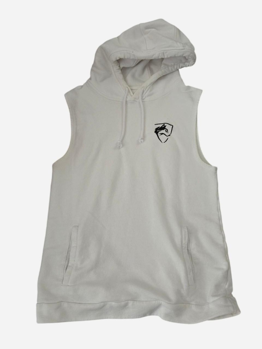 Alphalete White Sleeveless Hoodie Tank with Black Shield Emblem